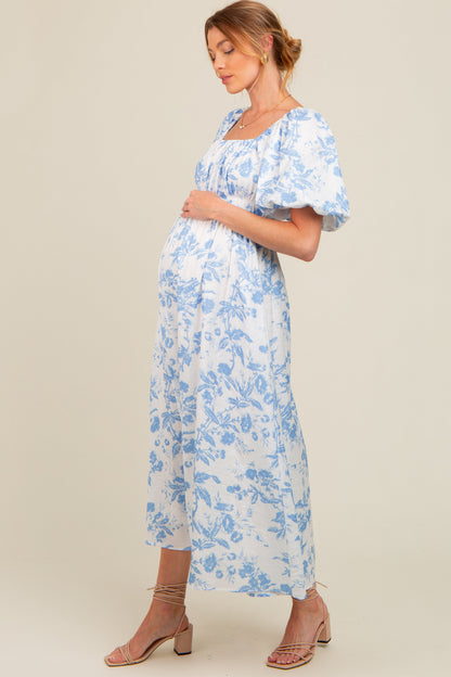Blue Floral Puff Sleeve Maternity Midi Dress