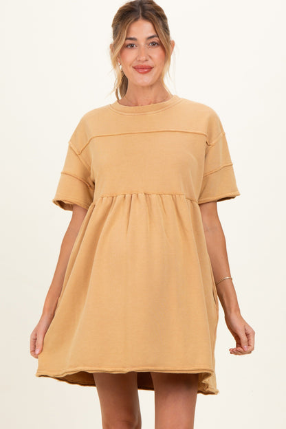 Camel Raw Hem Maternity Short Sleeve Dress