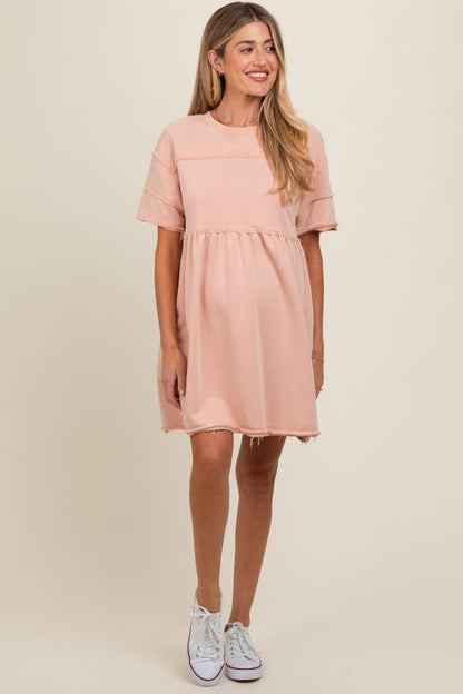 Mauve Raw Hem Maternity Short Sleeve Dress