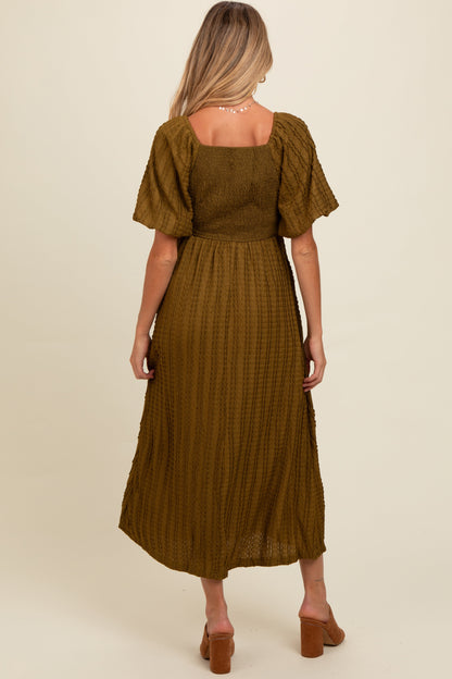 Olive Smocked V-Neck Short Puff Sleeve Textured Maternity Midi Dress