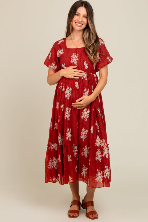 Rust Floral Print Ruffle Hem Maternity Midi Dress