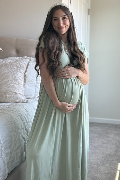 Light Olive Ruffle Trim Maternity Maxi Dress