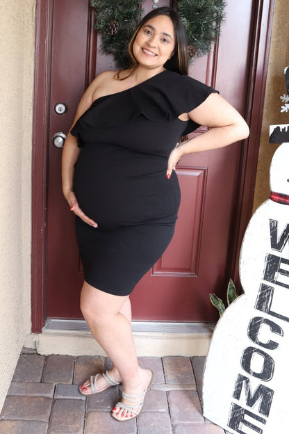 Black Ruffle One-Shoulder Maternity Midi Dress