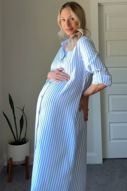 Light Blue Striped Button Down Maternity Maxi Dress