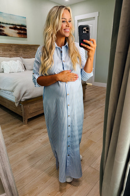 Light Blue Striped Button Down Maternity Maxi Dress