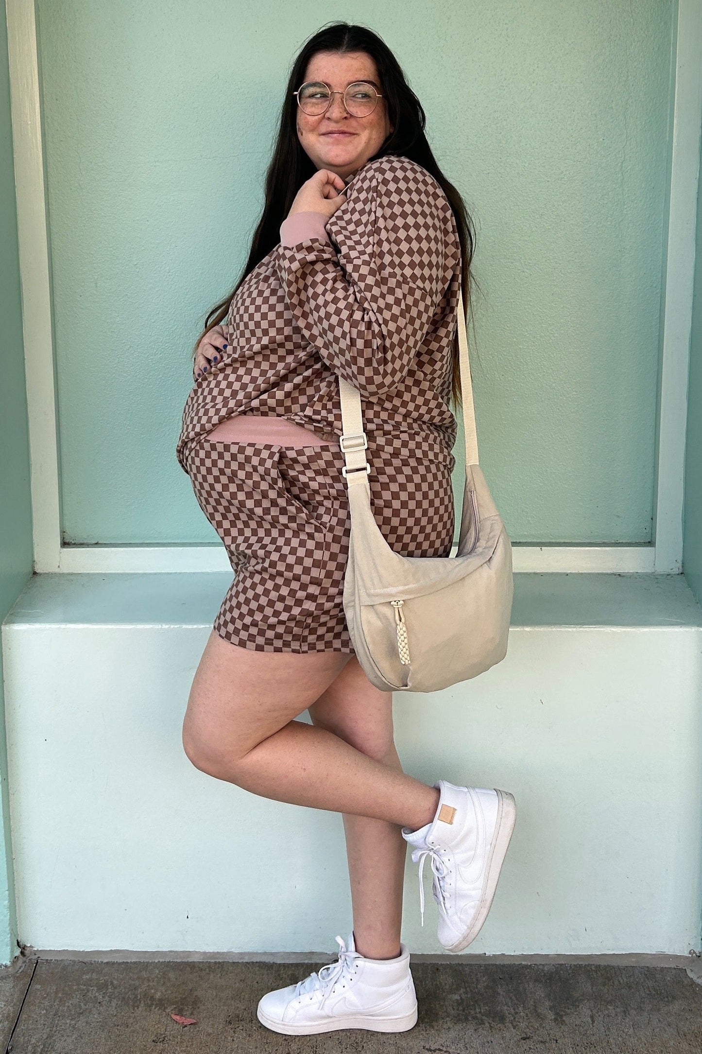 Mocha Checkered Plaid Pullover Shorts Maternity Set