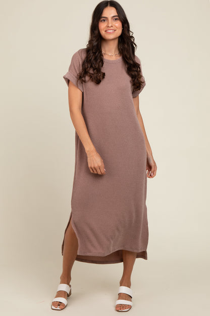 Taupe Ribbed Short Sleeve Maternity Midi Dress
