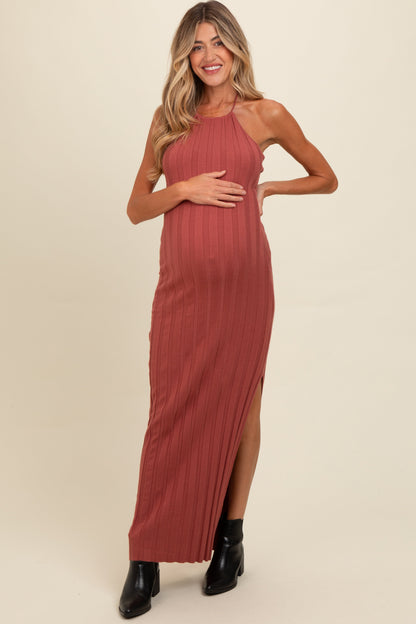 Rust Ribbed Knit Halter Neck Maternity Maxi Dress