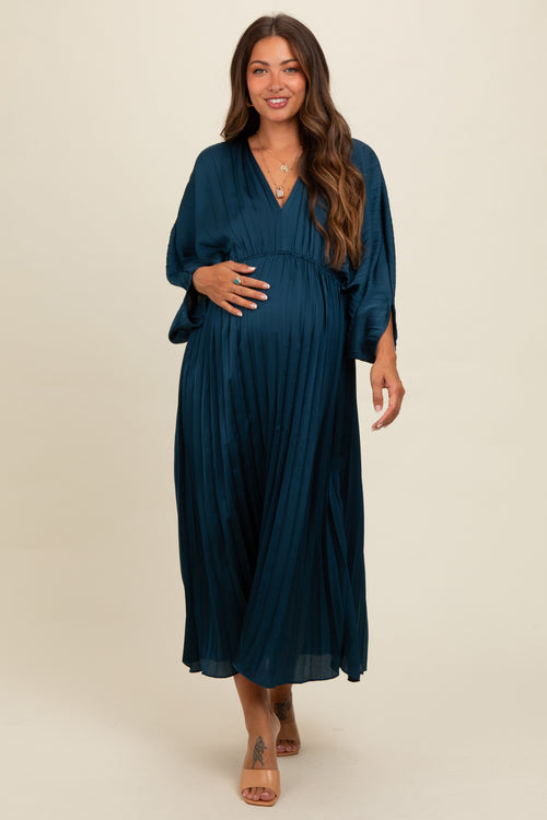 Teal Satin Pleated V-Neck Maternity Maxi Dress