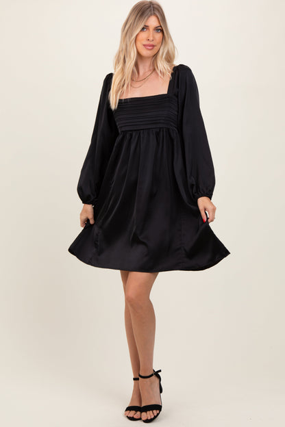 Black Satin Pleated Detail Bodice Maternity Dress