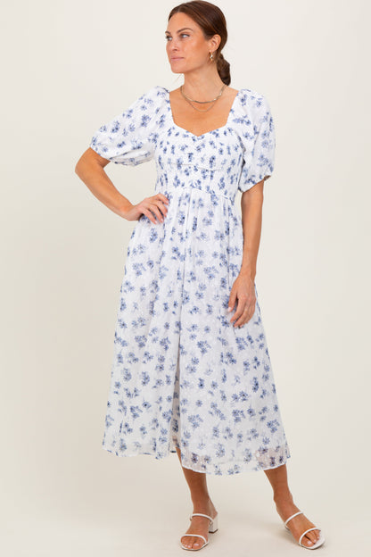 Blue Floral Smocked Bodice Maternity Midi Dress