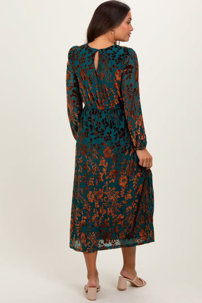 Teal Velvet Floral Overlay Maternity Midi Dress