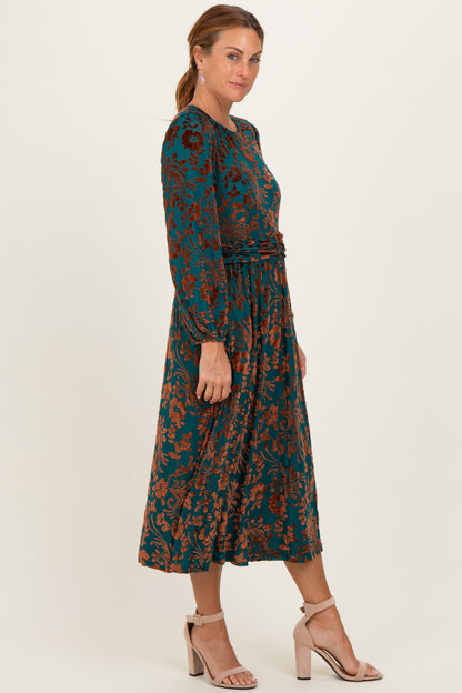 Teal Velvet Floral Overlay Maternity Midi Dress