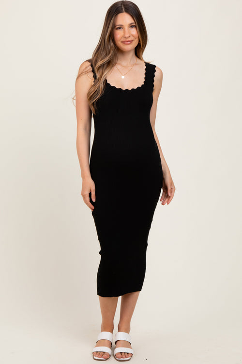 Black Scallop Trim Ribbed Knit Sleeveless Maternity Midi Dress