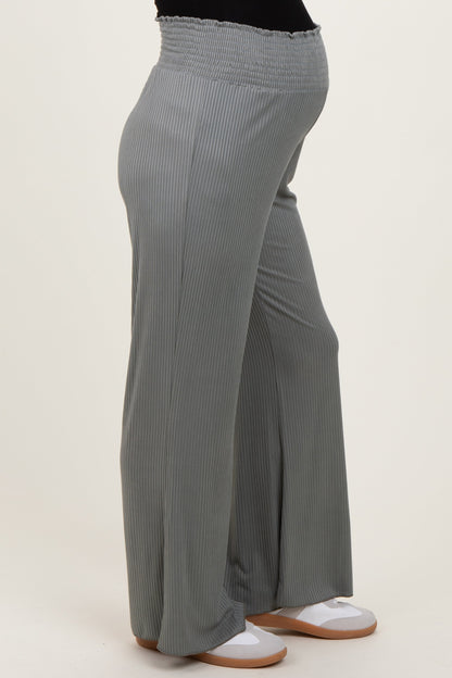 Olive Ribbed Smocked Waistband Wide Leg Maternity Pants