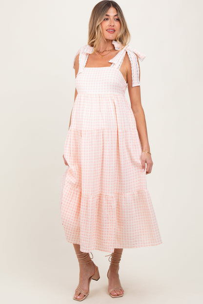 Light Pink Gingham Lace Trim Shoulder Tie Maternity Maxi Dress