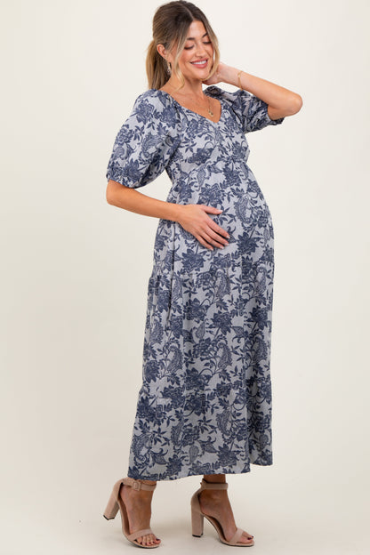 Navy Floral Tiered Puff Sleeve Maternity Midi Dress
