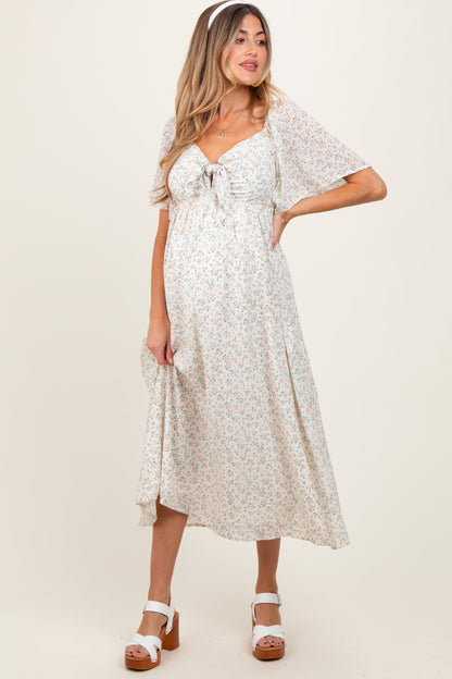 Peach Floral Front Tie Maternity Midi Dress