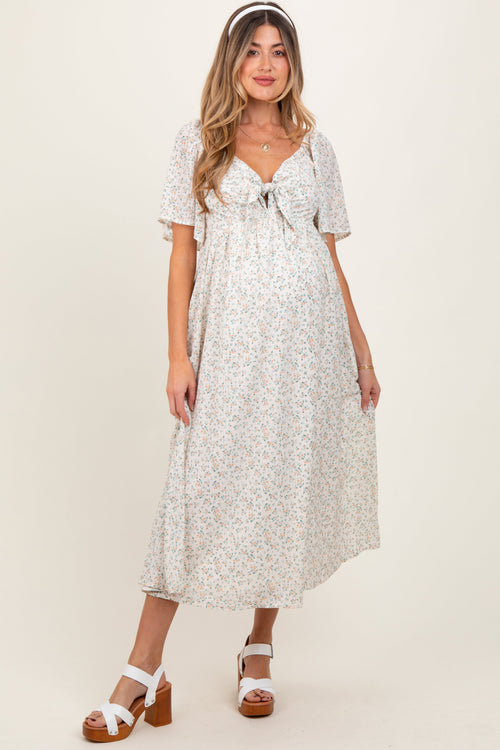Peach Floral Front Tie Maternity Midi Dress
