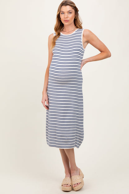 Navy Striped Knit Sleeveless Maternity Midi Dress