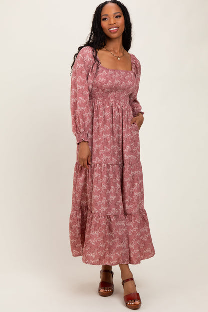 Mauve Floral Smocked Square Neck Maternity Maxi Dress