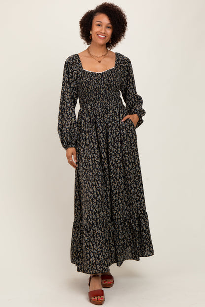 Black Floral Smocked Lace Trim Sweetheart Maternity Maxi Dress