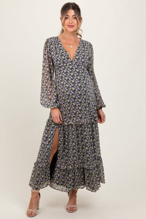 Black Floral Chiffon V-Neck Ruffle Tiered Maternity Maxi Dress