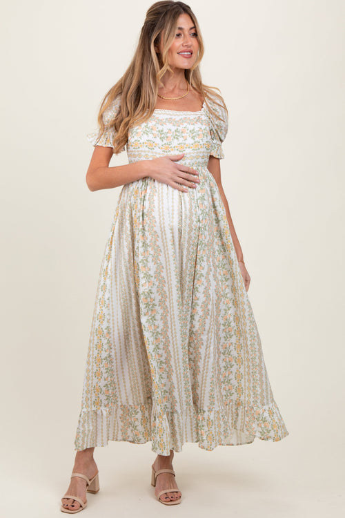 Peach Floral Puff Sleeve Lace Trim Maternity Maxi Dress