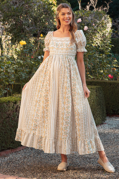 Peach Floral Puff Sleeve Lace Trim Maternity Maxi Dress