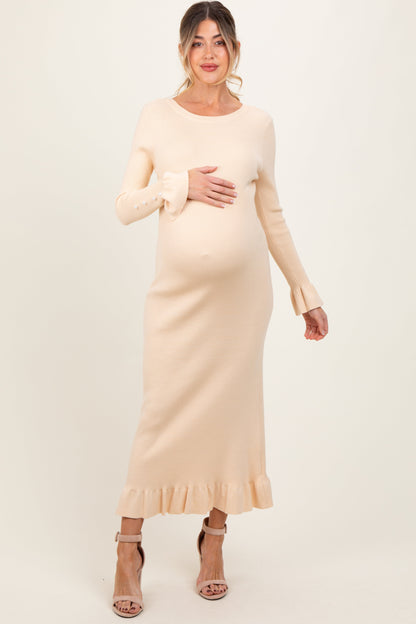 Light Yellow Ribbed Knit Bow Back Maternity Maxi Dress