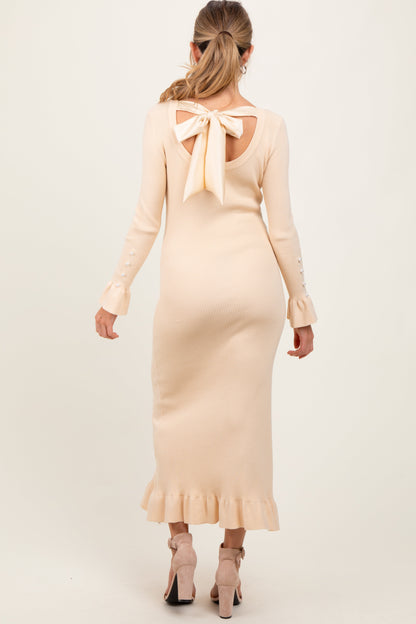 Light Yellow Ribbed Knit Bow Back Maternity Maxi Dress