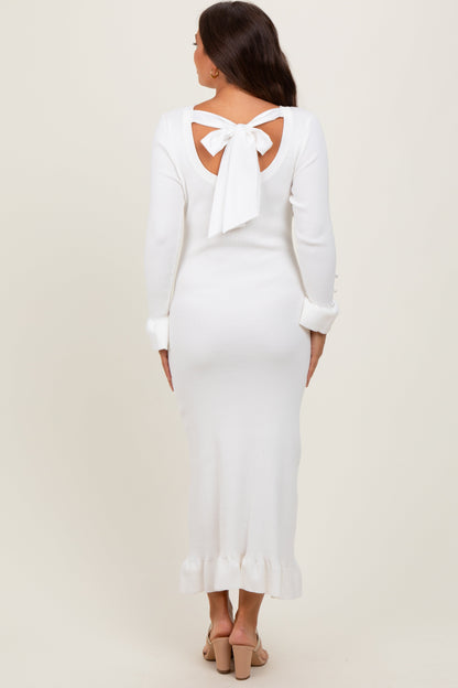 Ivory Ribbed Knit Bow Back Maternity Maxi Dress