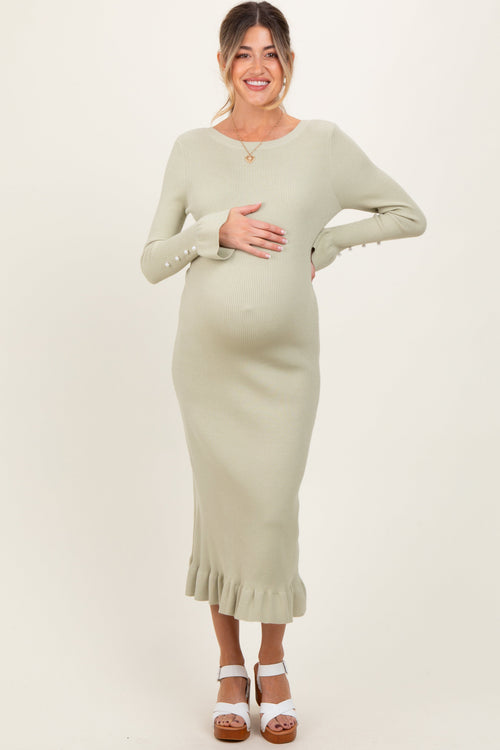 Light Olive Ribbed Knit Bow Back Maternity Maxi Dress