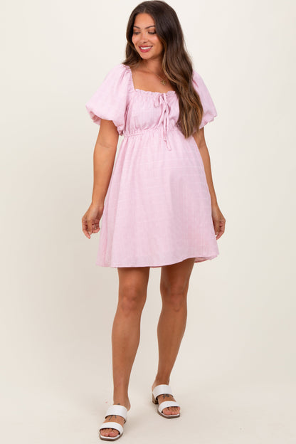 Pink Textured Bubble Sleeve Maternity Mini Dress