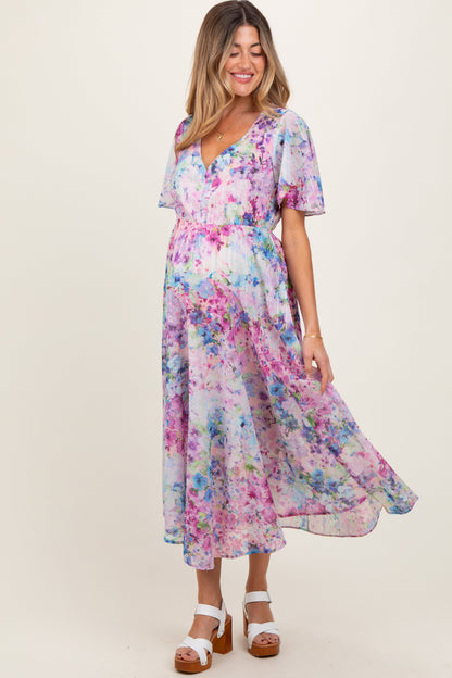 Light Pink Watercolor Floral Flutter Sleeve Maternity Midi Dress