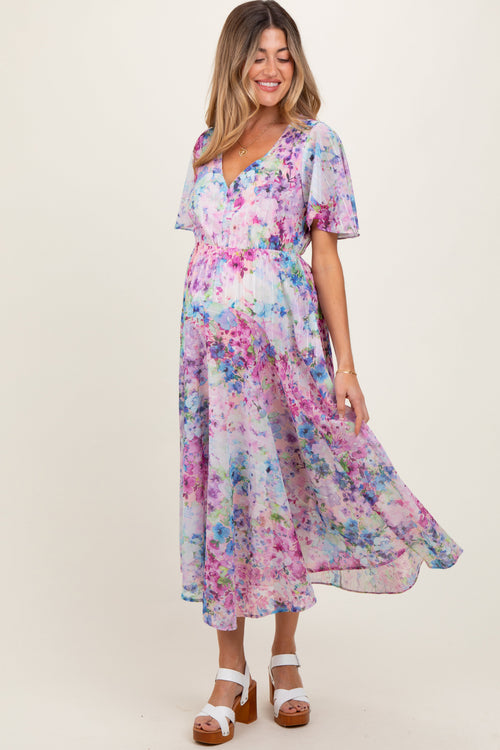Light Pink Watercolor Floral Flutter Sleeve Maternity Midi Dress