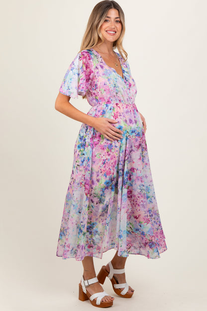 Light Pink Watercolor Floral Flutter Sleeve Maternity Midi Dress