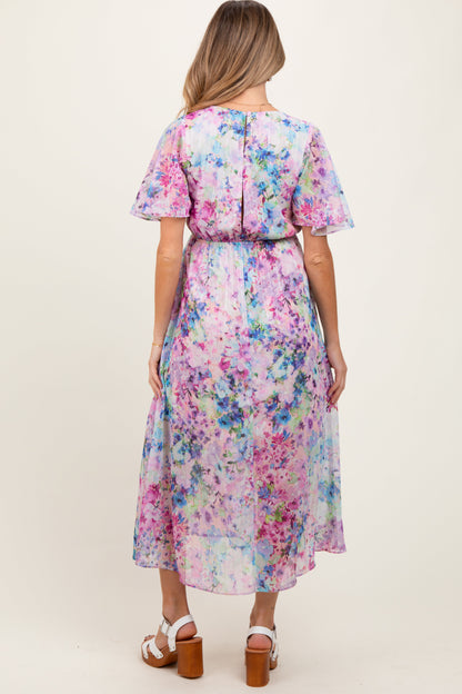 Light Pink Watercolor Floral Flutter Sleeve Maternity Midi Dress