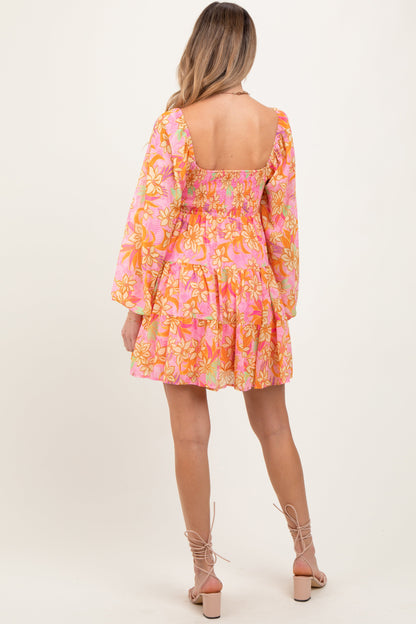 Pink Floral Smocked Bubble Sleeve Maternity Dress
