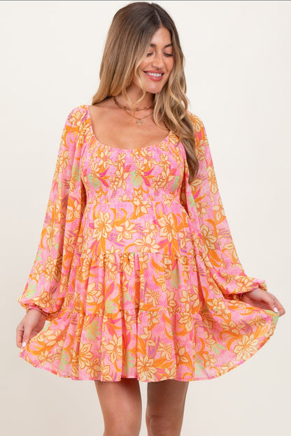 Pink Floral Smocked Bubble Sleeve Maternity Dress