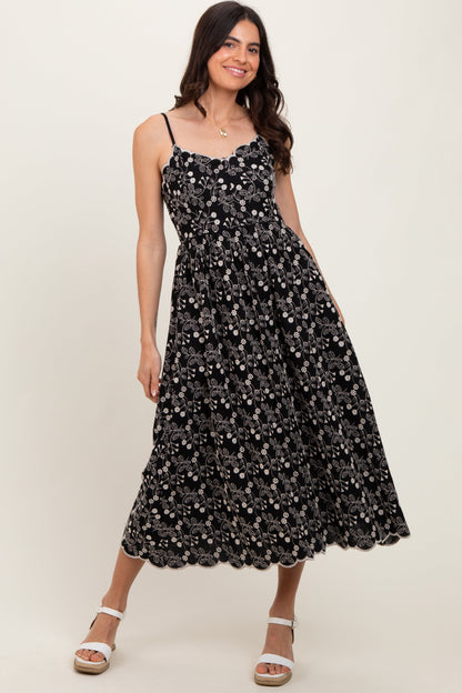 Black Floral Embroidered Scallop Detail Maternity Midi Dress