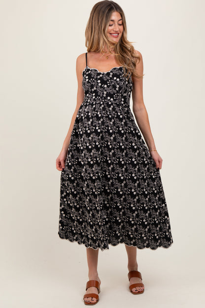 Black Floral Embroidered Scallop Detail Maternity Midi Dress