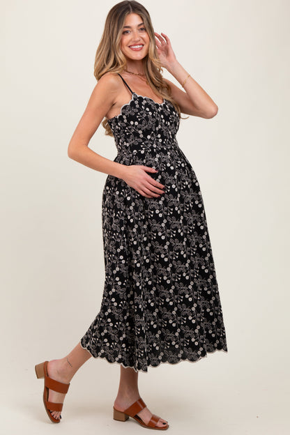 Black Floral Embroidered Scallop Detail Maternity Midi Dress