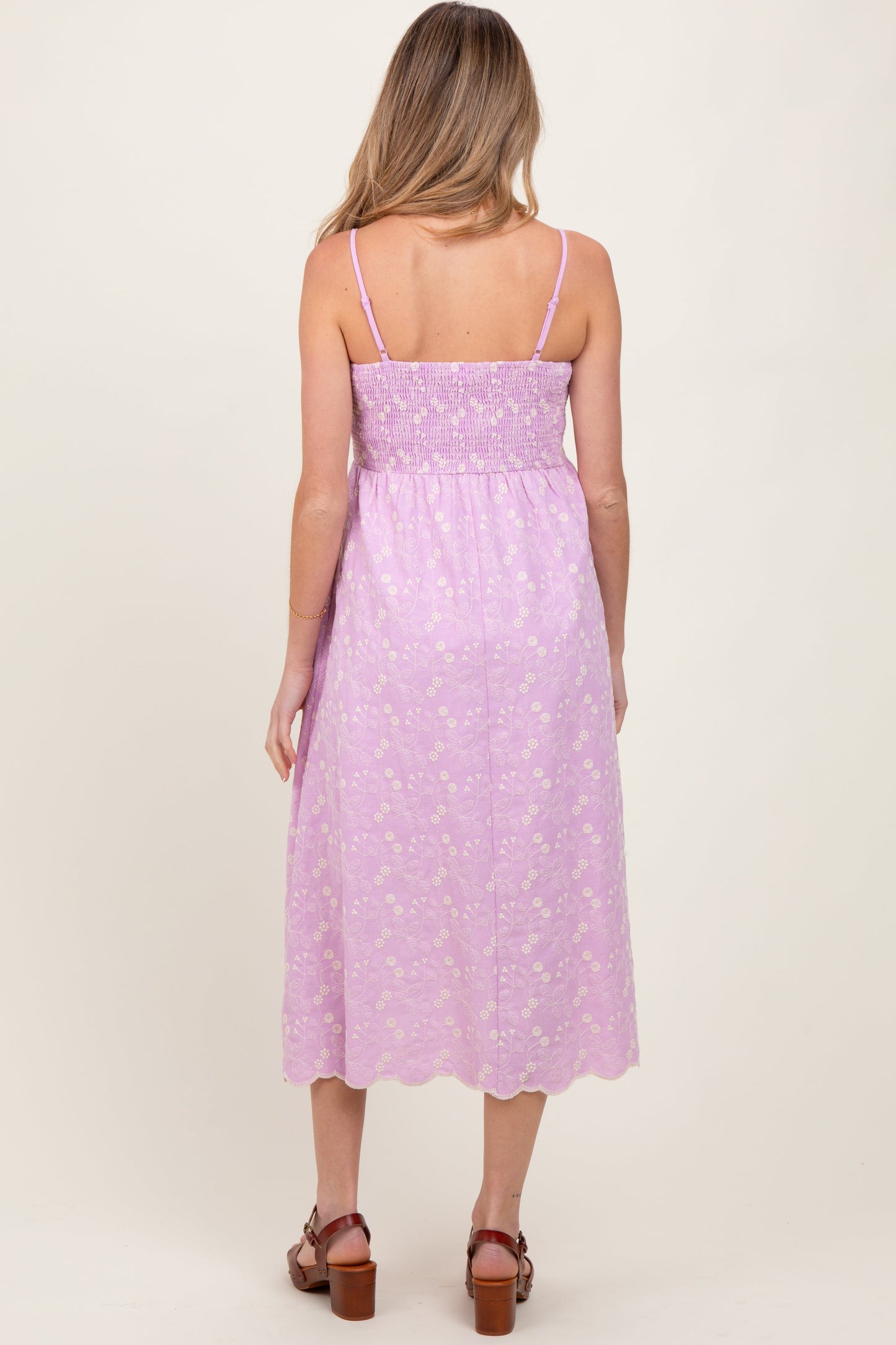 Lavender Floral Embroidered Scallop Detail Maternity Midi Dress
