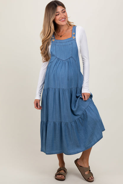 Blue Chambray Overall Tiered Maternity Midi Dress