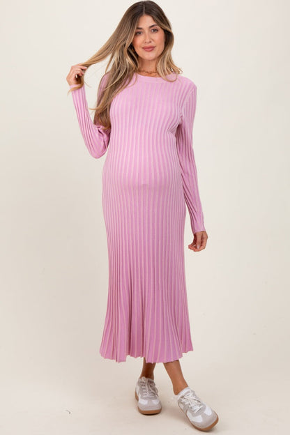 Pink Thick Ribbed Knit Maternity Maxi Sweater Dress