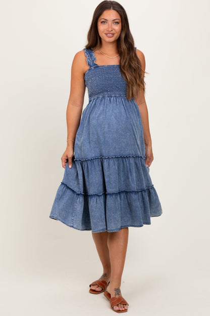 Blue Chambray Smocked Ruffle Tiered Maternity Midi Dress