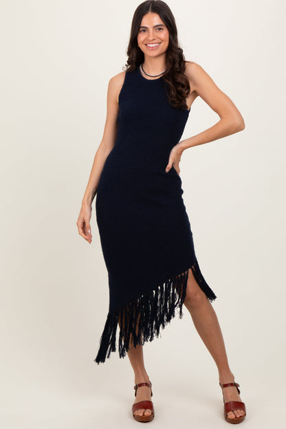 Navy Ribbed Knit Fringe Asymmetrical Hem Maternity Dress