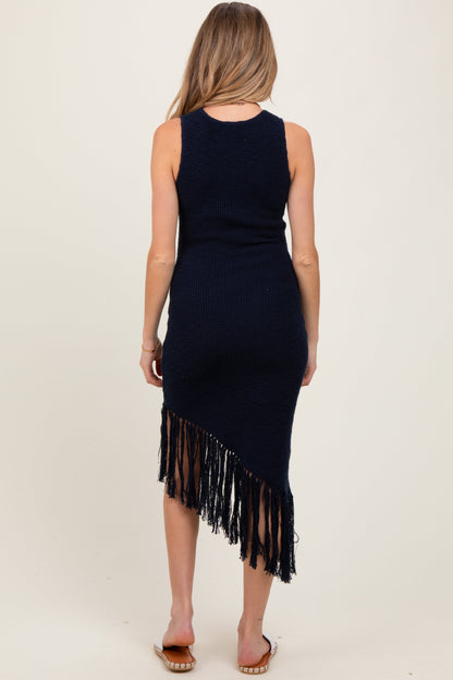 Navy Ribbed Knit Fringe Asymmetrical Hem Maternity Dress