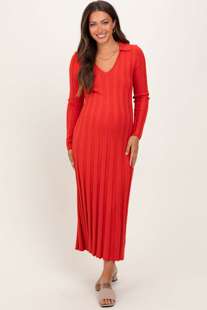 Red Wide Ribbed Knit Collared Maternity Midi Dress